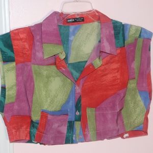 Drawstring Hem Button Up Colorblock Blouse